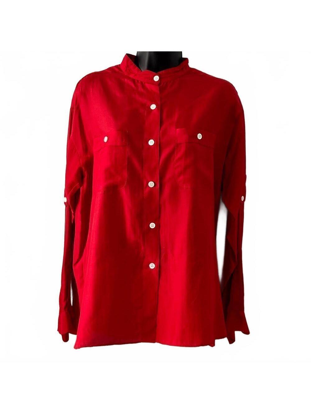 Vtg 80 90s Kenar Ann Red Duponi Raw Silk Button Down Cargo shirt Blouse 14 XL